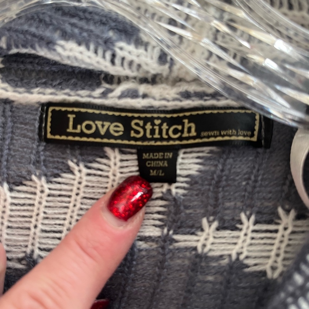 Love Stitch Acrylic Geometric Patterned Blue and White Long Cardigan Size M/L - Picture 13 of 15